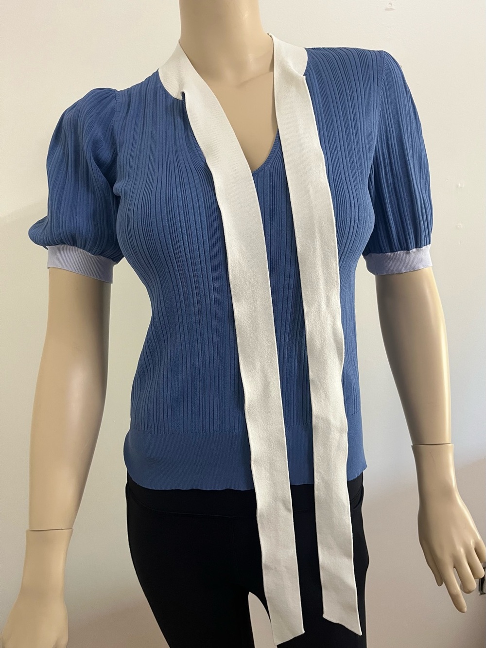 kate spade Blue Ribbed Short-Sleeve Top with White Neck Tie